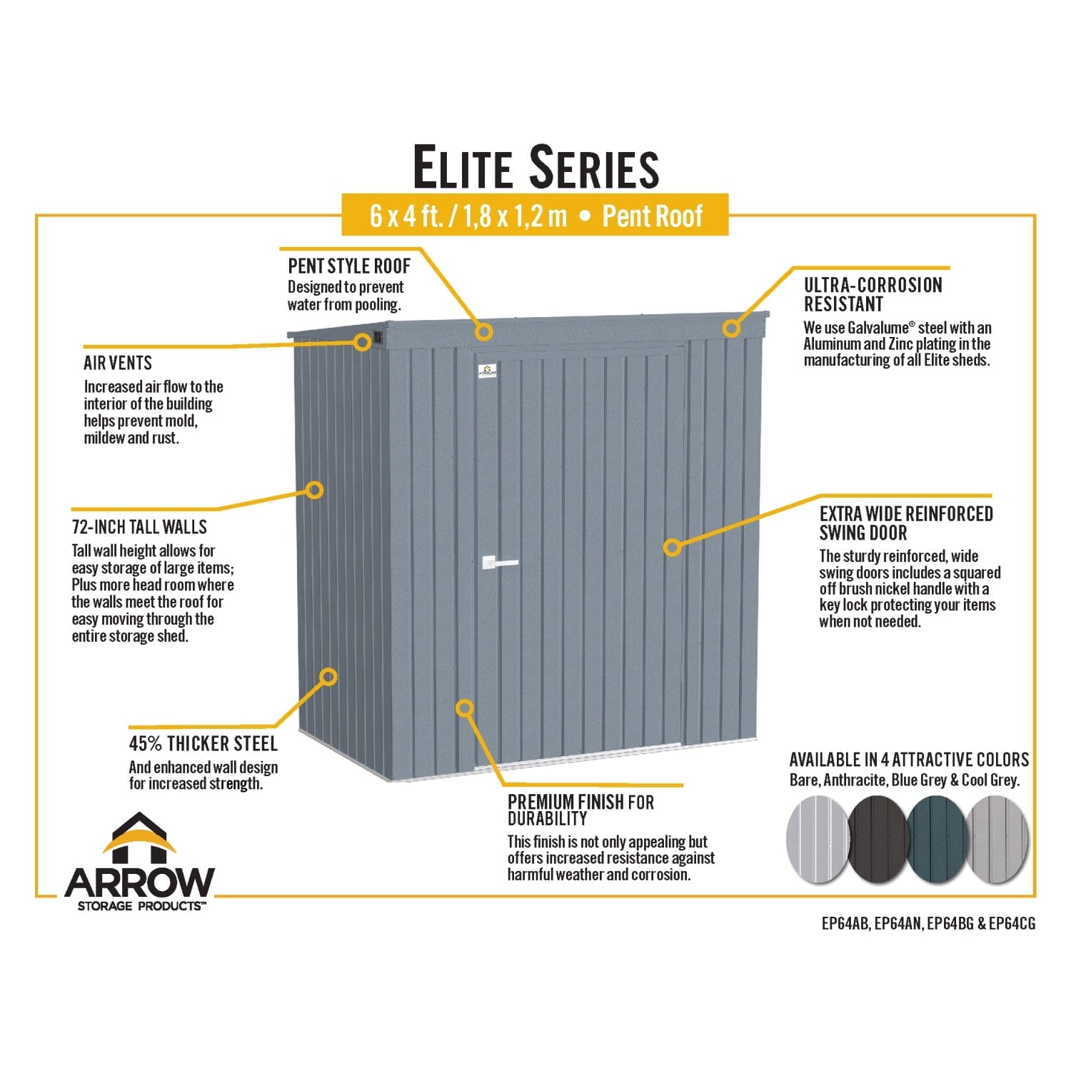 Arrow Sheds & Storage Buildings Arrow | Elite Steel Storage Shed, 6x4 ft. Blue Grey EP64BG