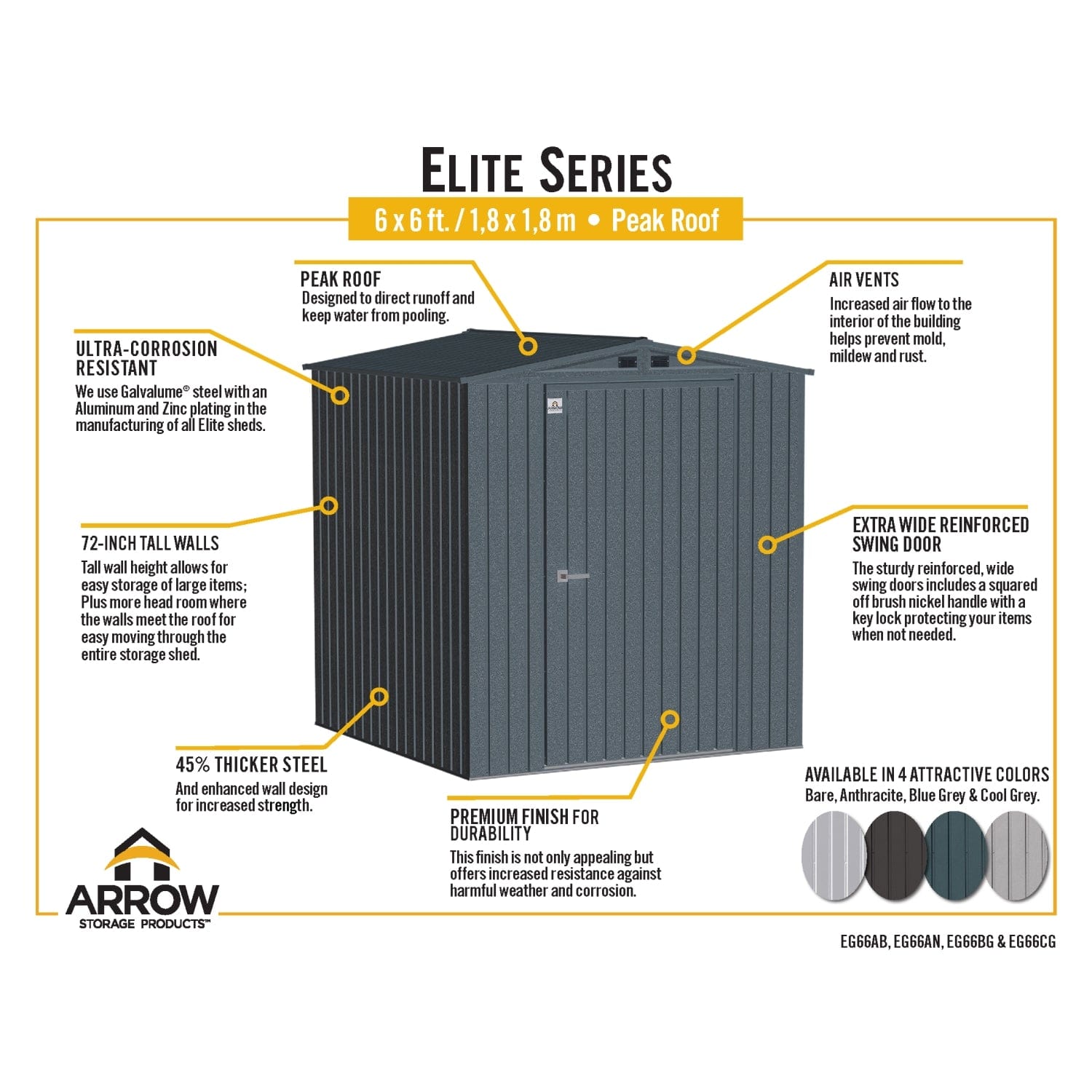 Arrow Sheds & Storage Buildings Arrow | Elite Steel Storage Shed, 6x6, ft. Cool Grey EG66CG