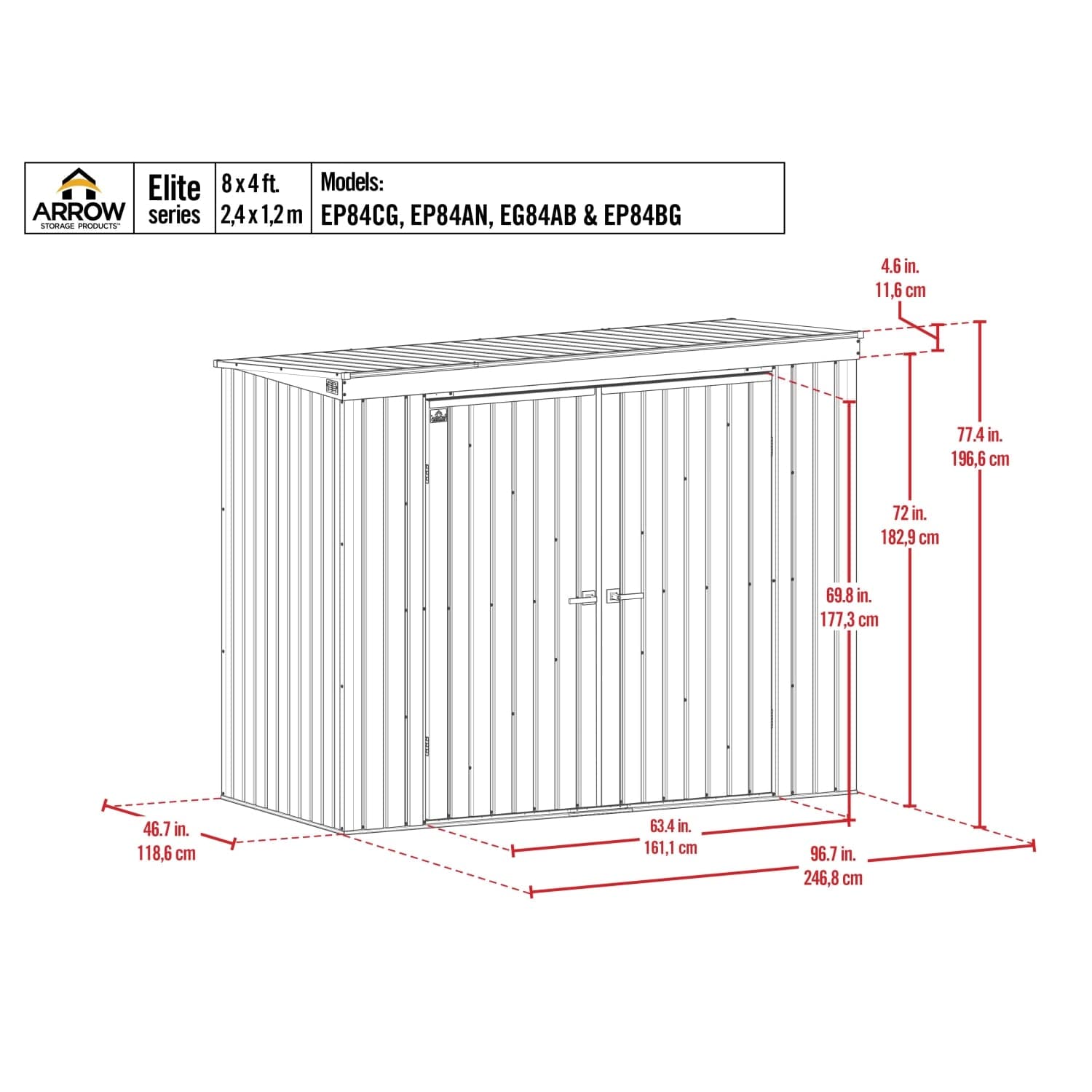 Arrow Sheds & Storage Buildings Arrow | Elite Steel Storage Shed, 8x4 ft. Silver EP84AB