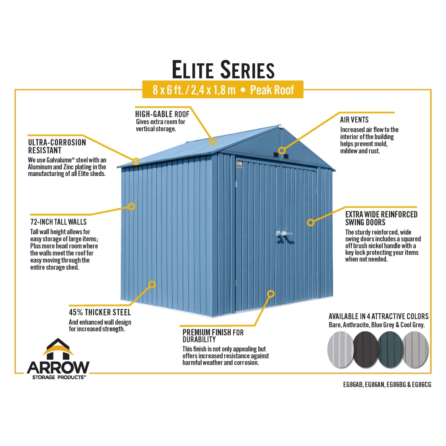 Arrow Sheds & Storage Buildings Arrow | Elite Steel Storage Shed, 8x6 ft. Silver EG86AB