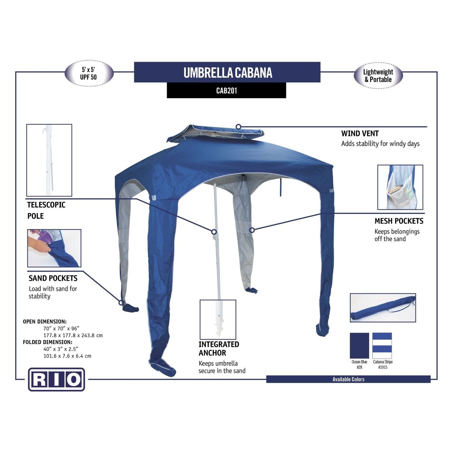 RIO Beach Shelter RIO Beach | Umbrella Cabana 5 X 5 ft. CAB201-1915-1